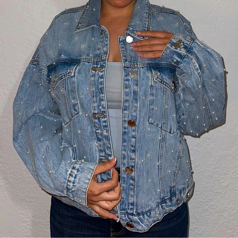 Women's Blue Denim Jacket with Pearl Accents